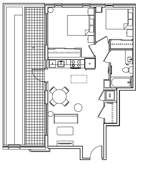 Floor plan for 2 beds, 1 bath, 723 sqft